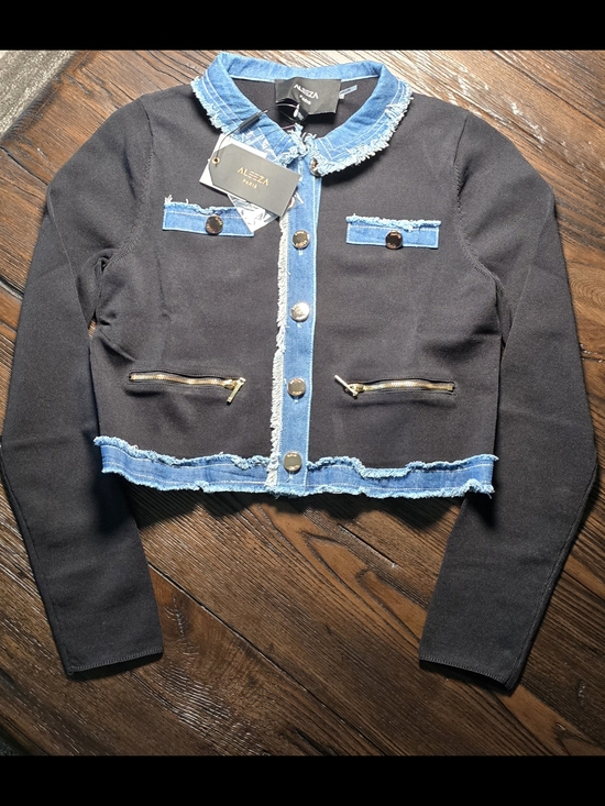 Aleeza Paris Sweaters - New Aleeza Paris Crop Black with Denim Trim Knit Cardigan XS